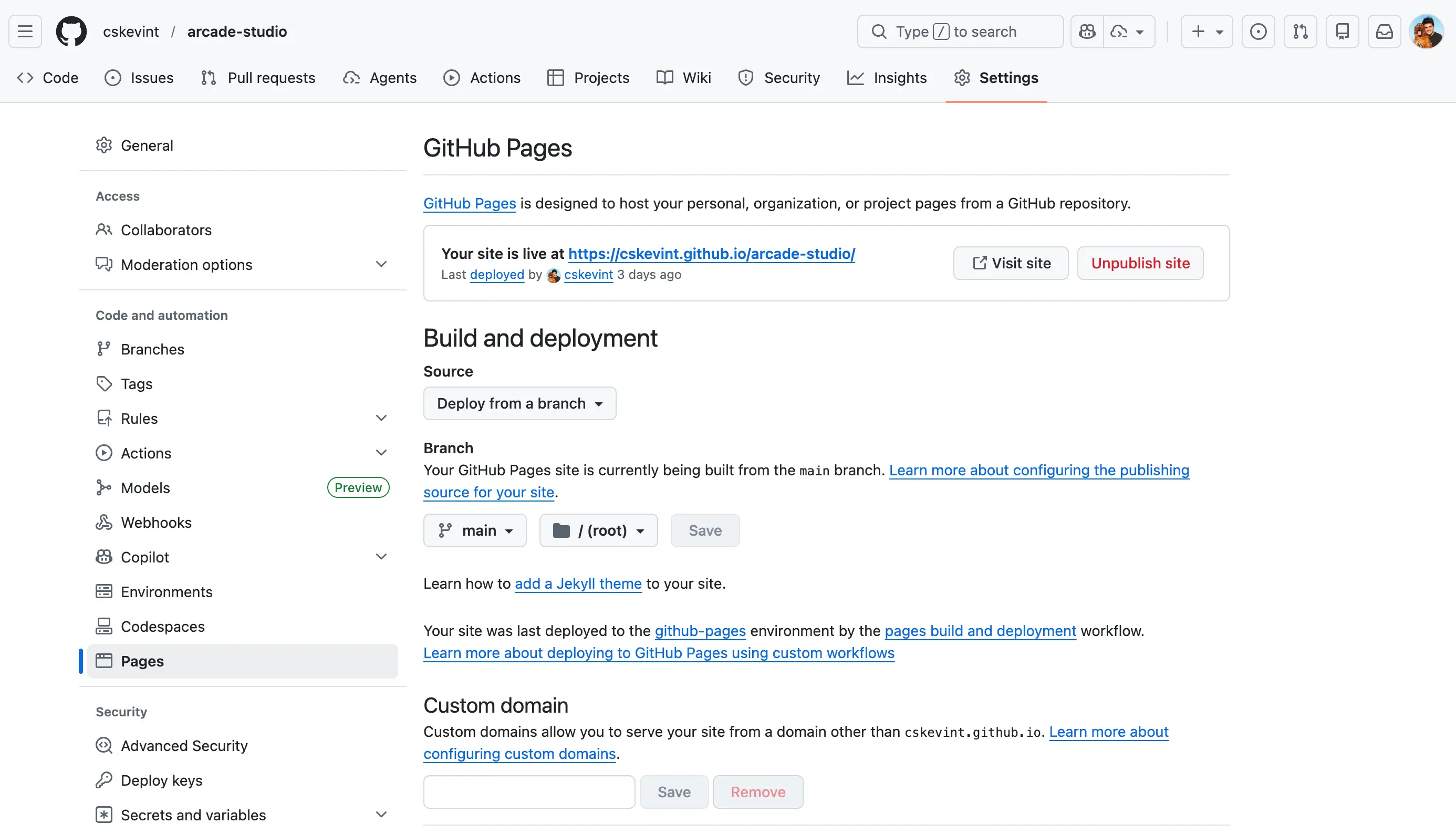 GitHub repository Pages settings showing deploy from branch and main branch selection